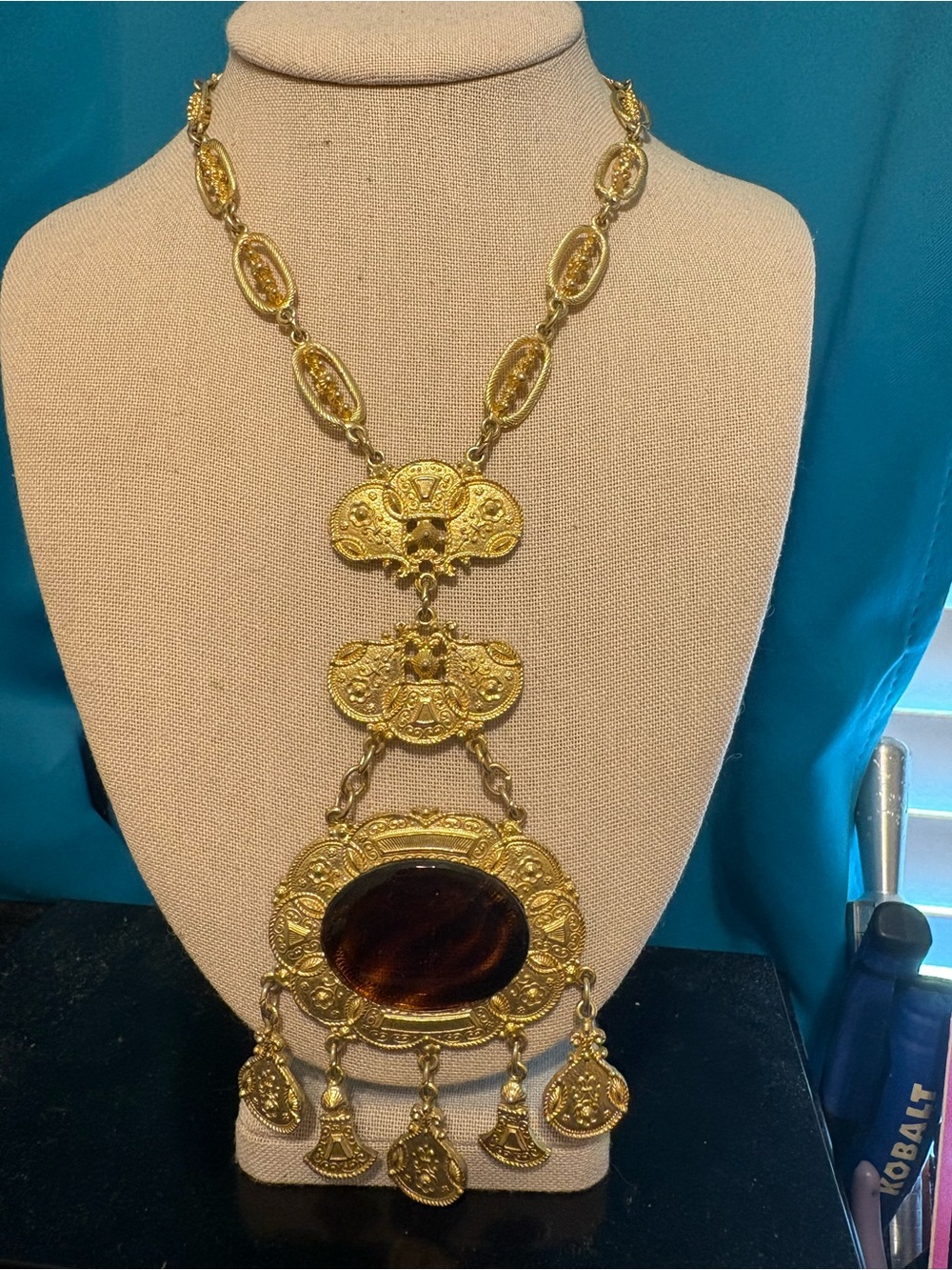 Accessocraft NYC vintage necklace gold tone etruscan revival runway 1970’s 16”